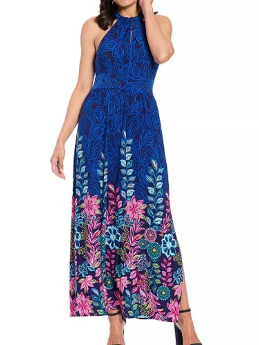 London Times Royal Blue Floral Halter Maxi Dress Keyhole 10 M Cruise